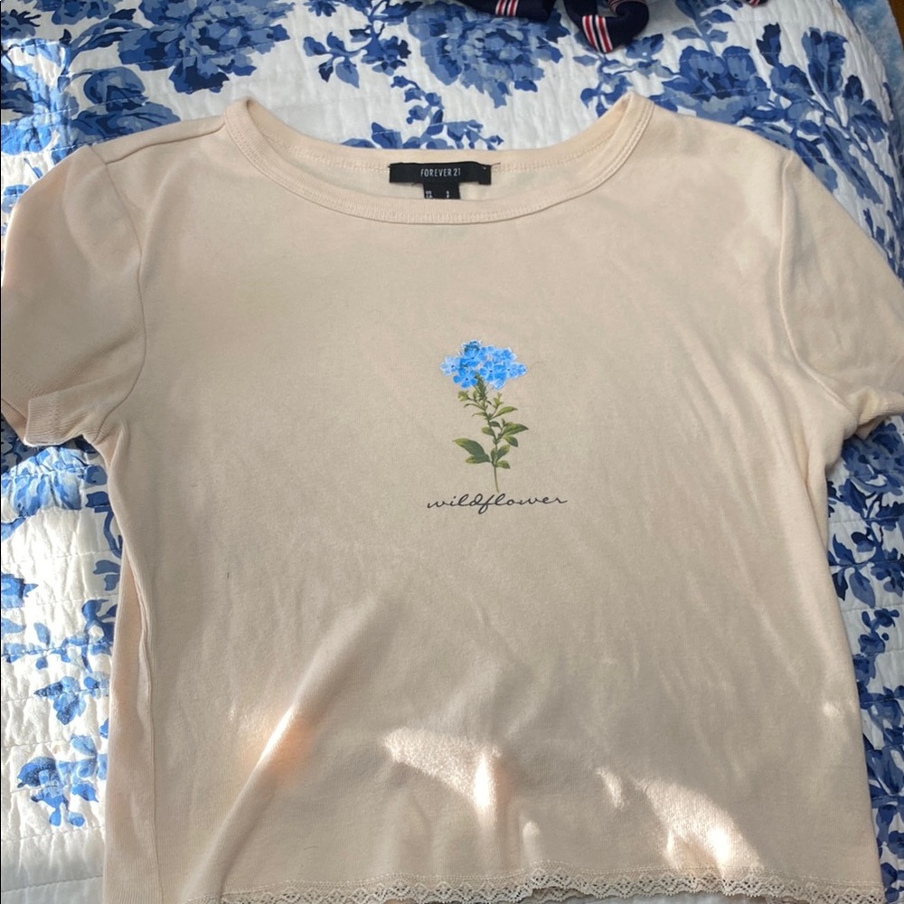 Forever 21 Beige Tee with Blue Floral Accent